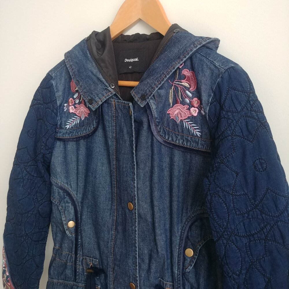 Desigual cotton denim embroidered parka style jacket blue quilted sleeves 10 - Picture 2 of 16